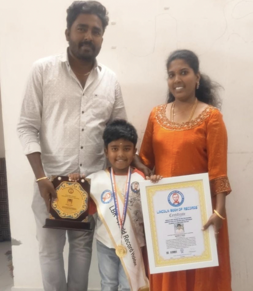 WORLD'S FIRST RECORD FOR RECITING MAXIMUM ABBREVIATIONS IN 60 SECONDS WHILE PERFORMING SILAMBAM IN A KNEE·DOWN POSITION”